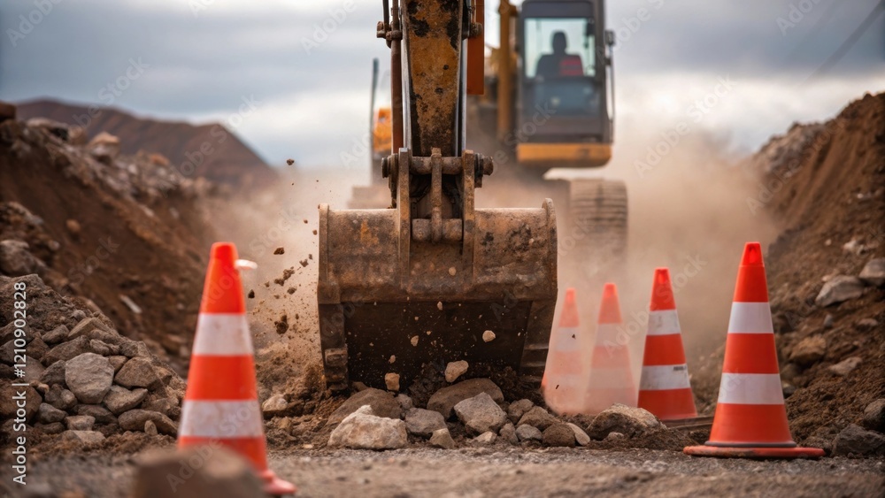 Poster a medium closeup of a large digger breaking through rocky soil capturing the moment of impact with d