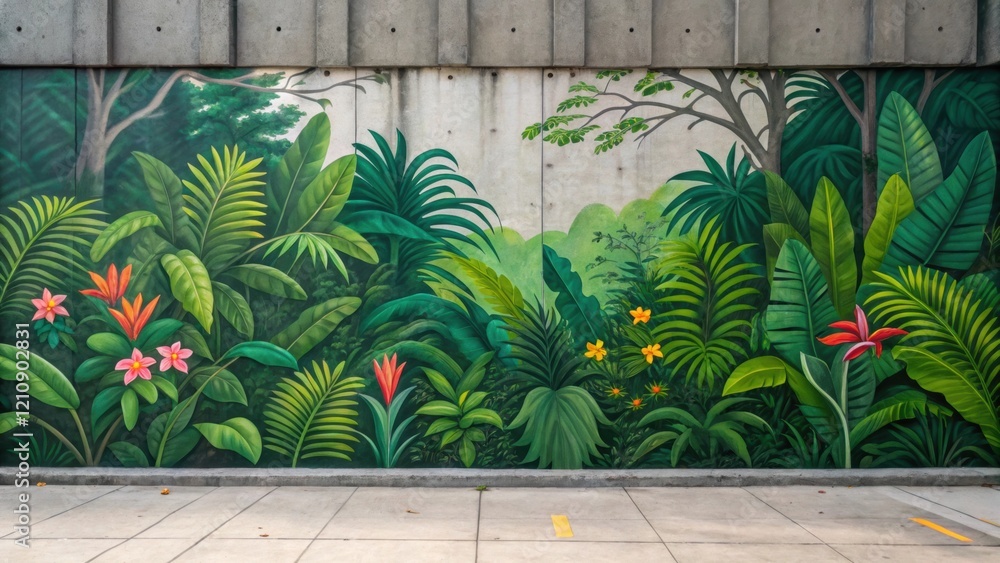 Poster a medium closeup of a mural depicting a lush jungle scene with dense foliage in varying shades of gr