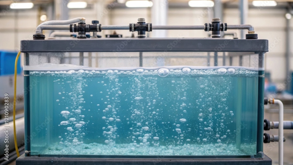 Poster a medium closeup of a large tank filled with water undergoing treatment with bubbles and chemical re