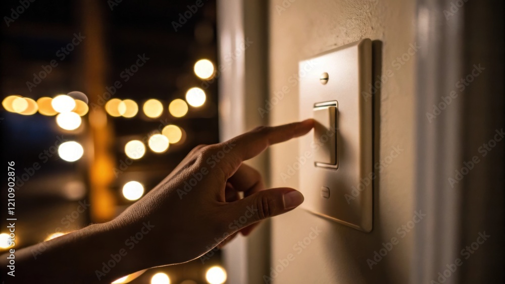 Poster A medium closeup of a light switch being tested featuring a hand flipping it up and down with the glow of multiple newlyinstalled lights illuminating the dim room.