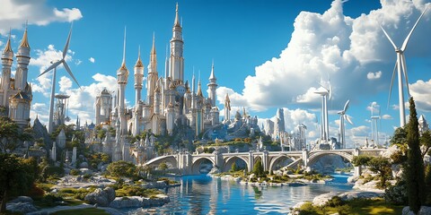 Fototapeta premium A majestic fantasy city with towering castles, bridges, and wind turbines, set against a bright, sunny sky. Ideal for fantasy, fairytale, and sustainable energy themes.