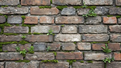 Obraz premium A medium closeup of an aged brick wall where numerous shades of weathered gray and brown bricks create a rustic atmosphere. Moss and tiny plants peek through the mortar emphasizing