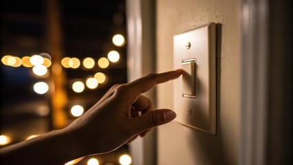 A medium closeup of a light switch being tested featuring a hand flipping it up and down with the glow of multiple newlyinstalled lights illuminating the dim room.