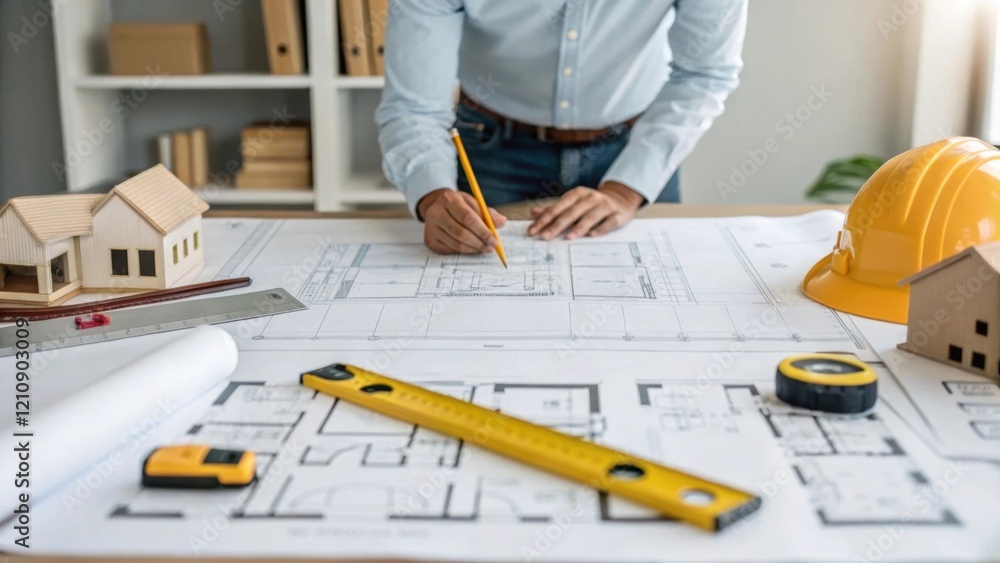 Aufkleber A medium closeup of an architect reviewing blueprints on a drafting table surrounded by tools and materials showcasing the planning phase for residential and commercial spaces.