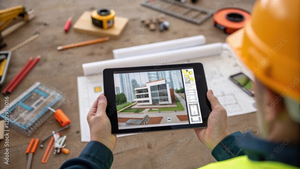 Aufkleber A medium closeup of an architect holding a tablet displaying 3D renderings of the mixeduse project onsite surrounded by construction materials and equipment emphasizing the