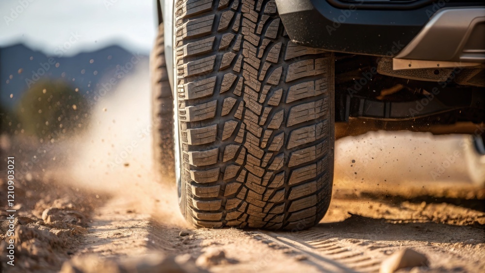 Poster a medium closeup of an autonomous vehicles tire gripping uneven terrain showcasing the rugged tread 