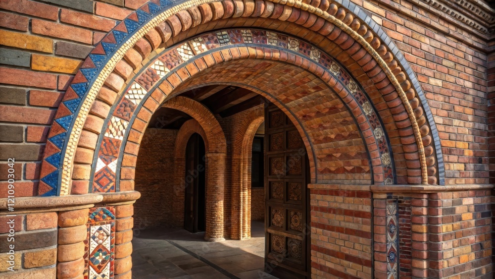 Poster a medium closeup of an archway adorned with intricately laid multicolored bricks each brick bearing 
