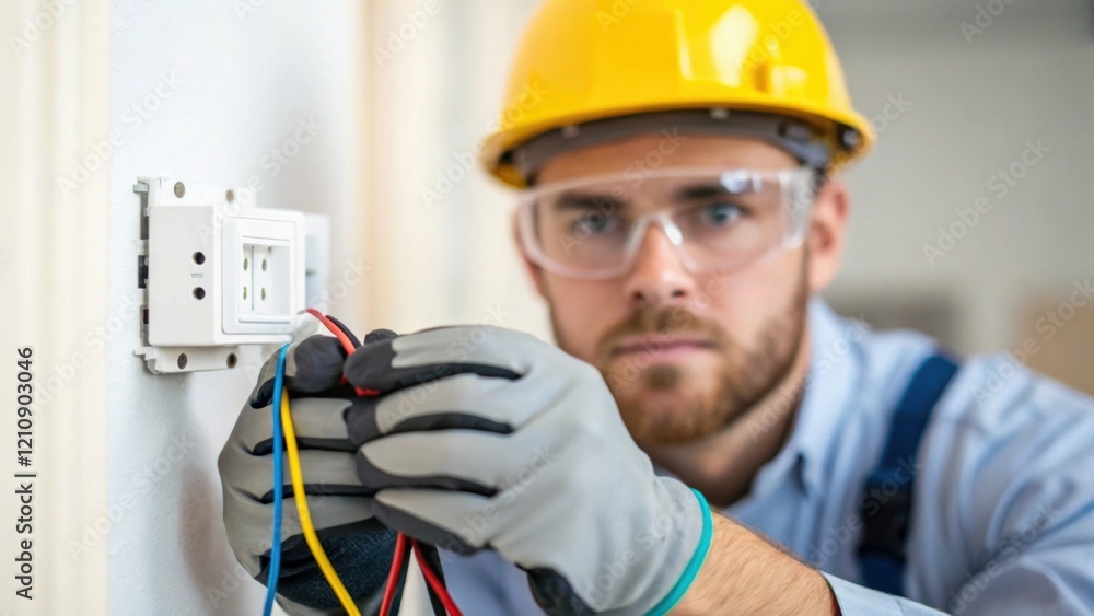 Poster a medium closeup of an electrician wearing protective gear while connecting wires to a wallmounted o