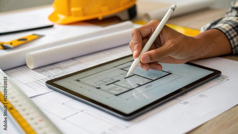 Aufkleber A medium closeup of an architects hand sketching design details on a tablet with construction materials in the background reflecting the design phase integrated with practical