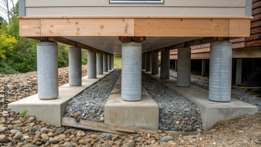 Poster a medium closeup of an elevated foundation with concrete pillars lifting a building above ground lev