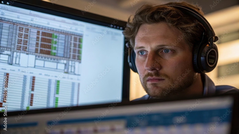 Aufkleber A medium closeup of an architect wearing headphones focused on a large monitor displaying a detailed BIM software interface. Various layers of the buildings structure are visible