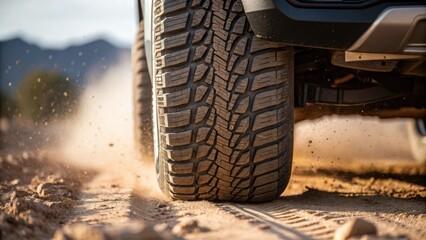 A medium closeup of an autonomous vehicles tire gripping uneven terrain showcasing the rugged tread design and dirt particles kicking up emphasizing its suitability for challenging