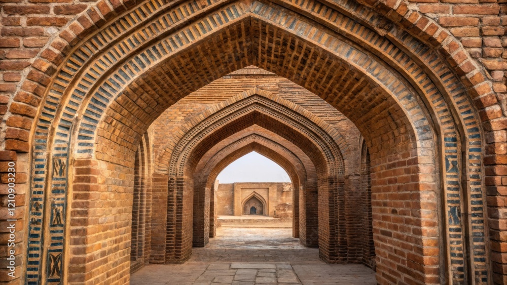 Aufkleber a medium closeup of an intricate archway made of bricks capturing the symmetrical placement and the 