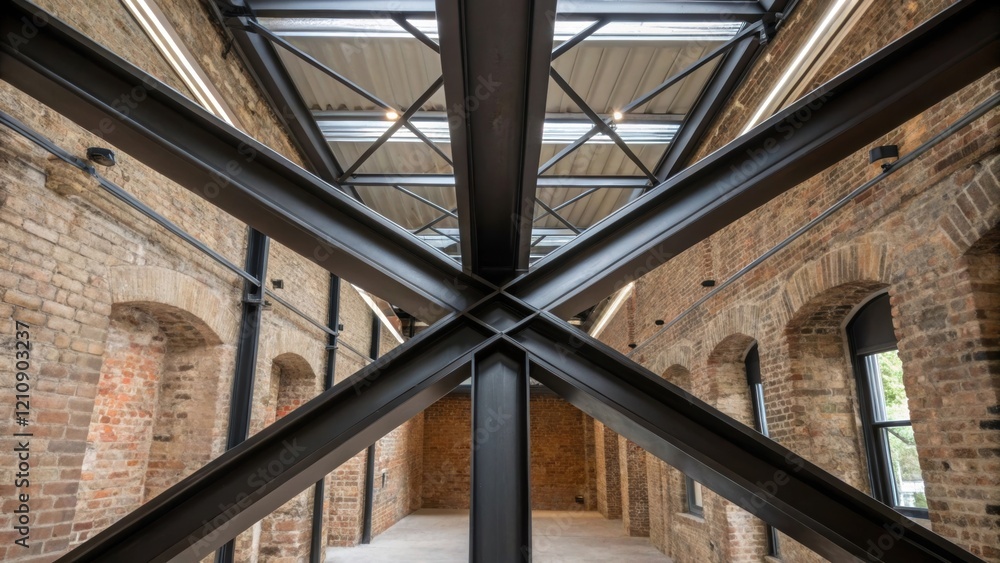 Poster A medium closeup of an interior view of a retrofitted space featuring diagonal bracing and cross members that visibly reinforce the structure with a focus on the visual contrast