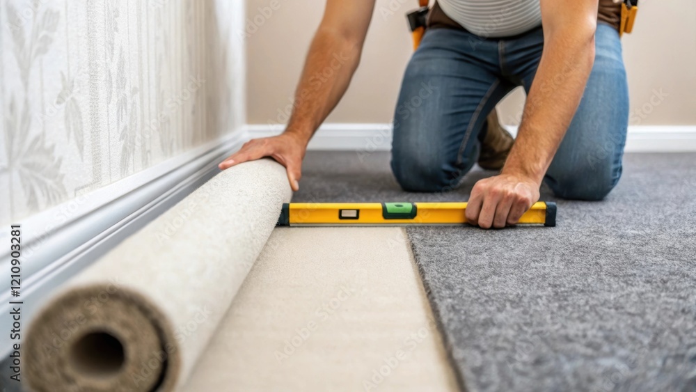 Leinwandbilder a medium closeup of an installer kneeling beside a roll of carpet meticulously aligning the edge of 