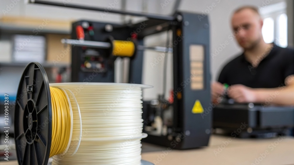 Poster A medium closeup of an operator adjusting the settings on a 3D printer with a roll of filament in the foreground and a partially completed structure in the background.