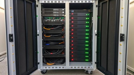 A medium closeup of an intricate server setup within a portable construction office flashing LED lights indicating active monitoring emphasizing the critical need for robust data