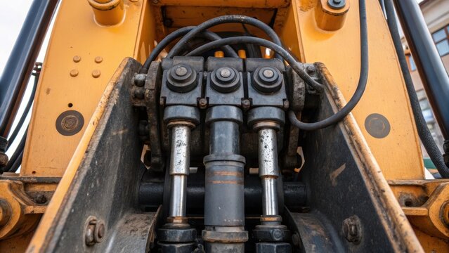 A medium closeup of an excavators bucket suspension system showcasing the complex hydraulic mechanisms with highlighted pistons seals and hoses under a layer of accumulated grime.