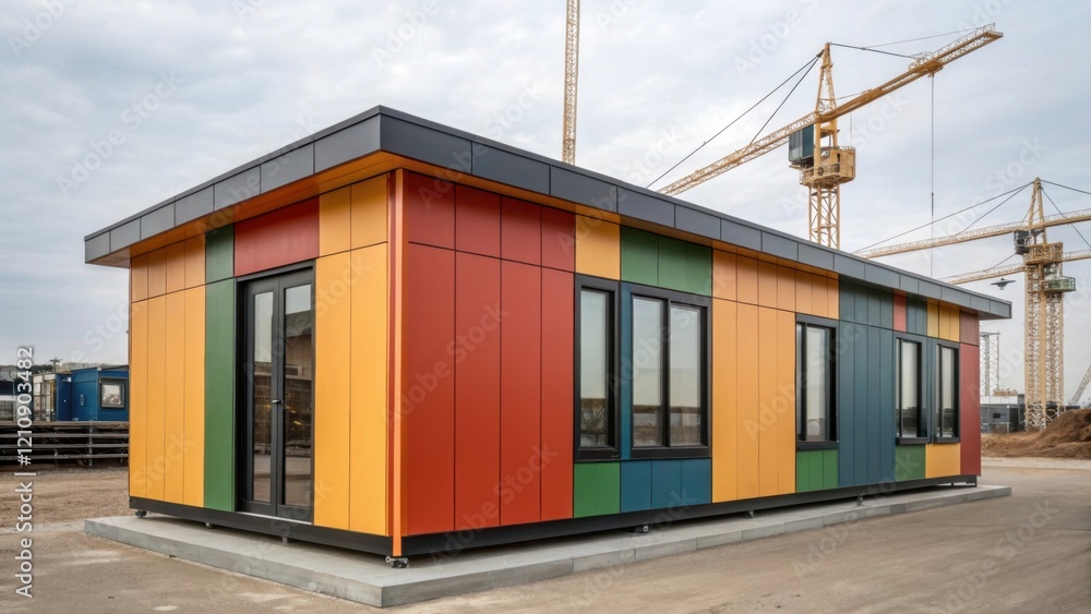 Poster a medium closeup of a prefabricated housing unit midassembly highlighting the sleek lines of pre pan