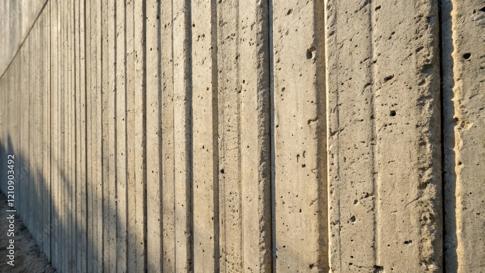 Poster A medium closeup of a raw concrete wall revealing a series of vertical grooves and dimples with soft shadows enhancing the depth of its gritty texture.
