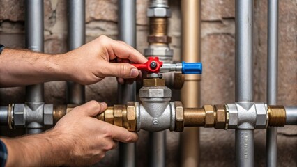 A medium closeup of a plumber adjusting a valve on a series of pipes capturing the intricate details of the valve mechanism and the contrasting textures of the different pipe