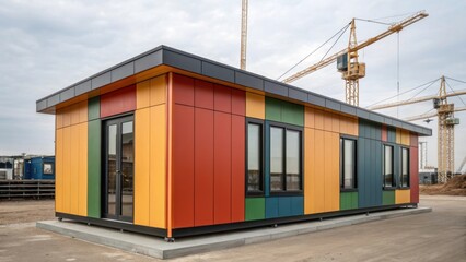 Obraz premium A medium closeup of a prefabricated housing unit midassembly highlighting the sleek lines of pre panels and the vibrant colors of the exterior finishing with cranes and equipment