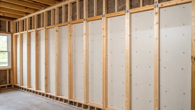 A medium closeup of a partially framed wall with studs and top plates aligned and awaiting insulation highlighting the structural elements and the progress of the carpentry