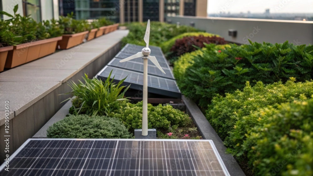 Poster a medium closeup of a rooftop garden where a small horizontalaxis wind turbine stands proudly alongs