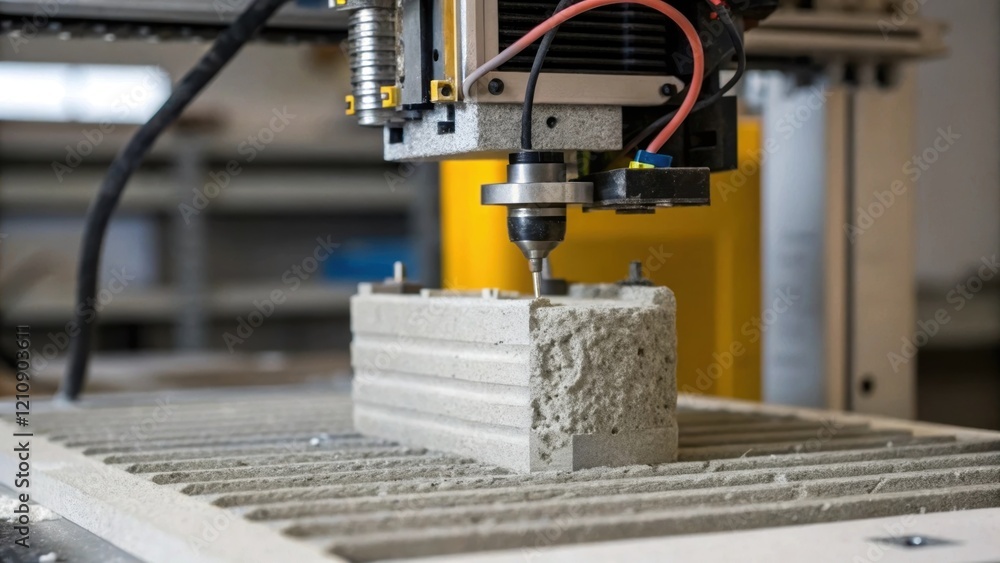Aufkleber A medium closeup of a robotic concrete 3D printer actively extruding a layer of concrete to form structural components. The image emphasizes the innovation of additive