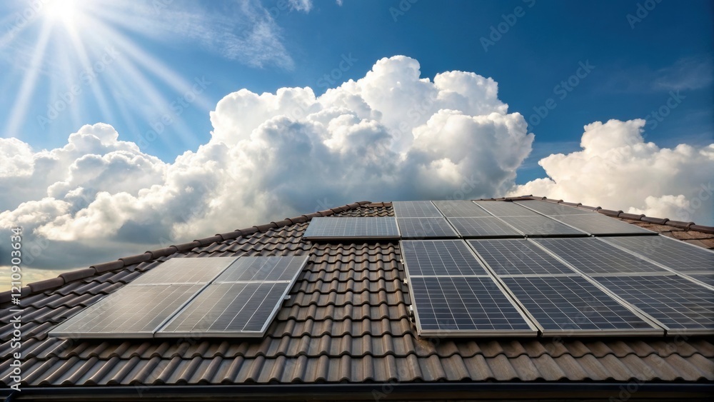 Poster A medium closeup of a residential rooftop showcases an array of solar panels angled toward the sun. Fluffy clouds drift in the background accentuating the panels purpose to convert
