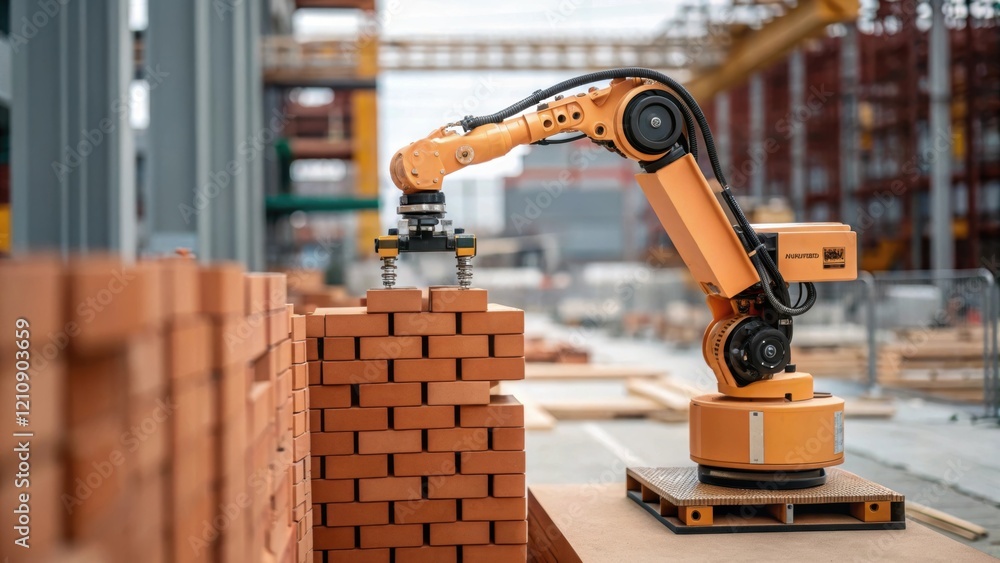 Poster A medium closeup of a robotic arm on a construction site skillfully placing bricks with precision while sensors relay data to an AI system for performance analysis.