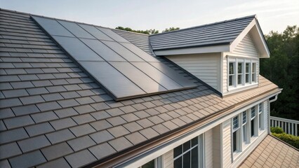 Obraz premium A medium closeup of a rooftop showcasing integrated solar shingles designed to mimic traditional roofing materials. The shingles are subtly angled demonstrating how solar