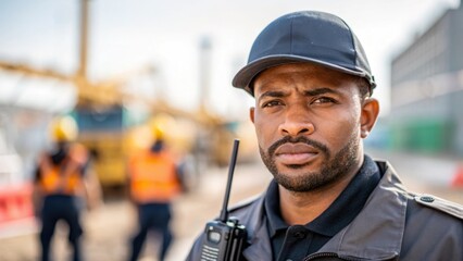 A medium closeup of a security guards face highlighting his determined gaze and earmounted radio with construction equipment and a work crew blurred in the background emphasizing