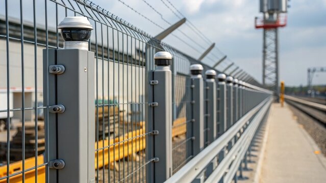 A medium closeup of a safety fence equipped with motion sensors which alerts site managers of unauthorized access and helps prevent potential accidents.