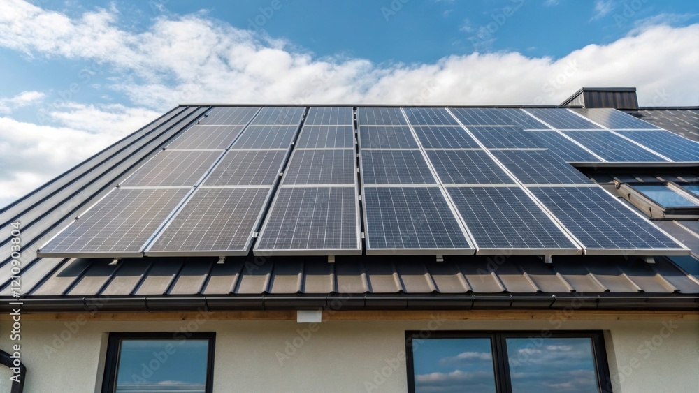 Poster A medium closeup of a solar panel installation on the roof capturing the strategic placement and integration with the building design emphasizing the commitment to renewable energy