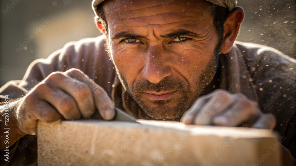 Poster a medium closeup of a stone masons face concentrated and focused dust particles floating in the sunl