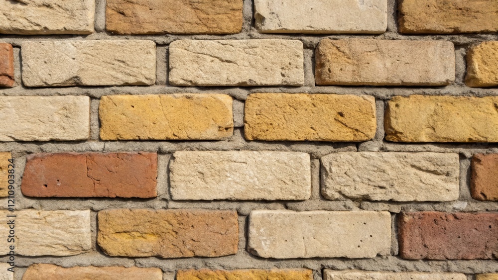 Poster a medium closeup of a staggered brick pattern displaying a mix of beige brown and muted yellow brick