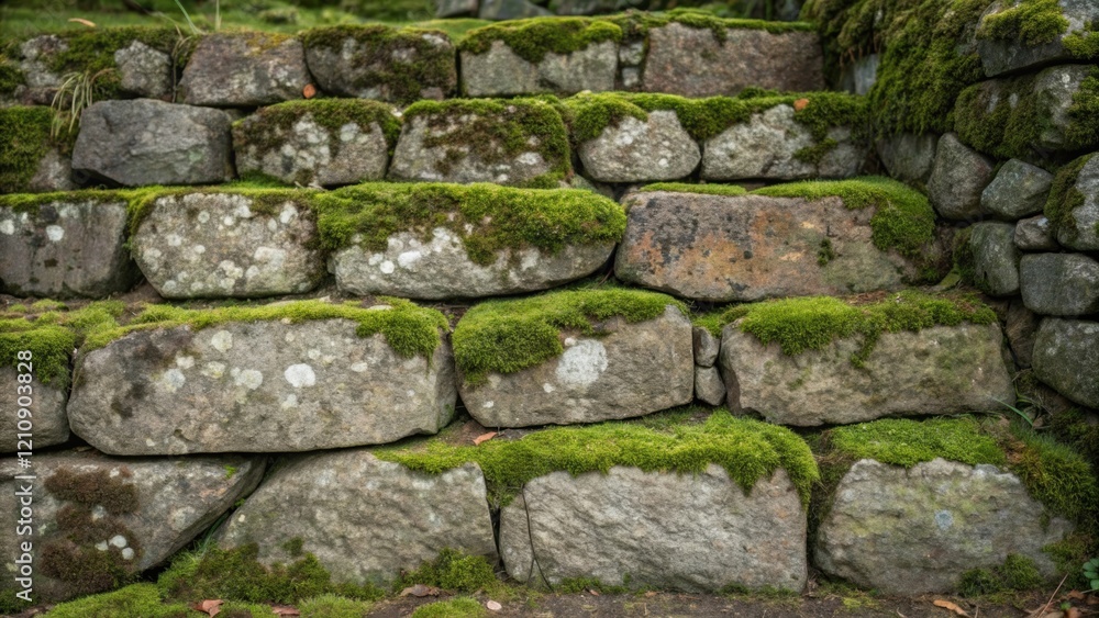 Poster a medium closeup of a stone foundation laid with precision interspersed with moss and lichen. the na