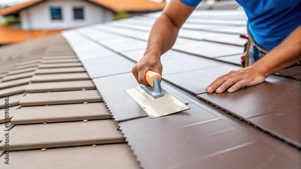 Poster a medium closeup of a team member applying adhesive to a rooftop surface with a focus on the trowel 