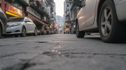 Low angle view of city street with parked cars, buildings, and pedestrians in the distance.