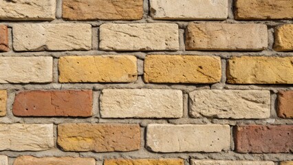 Obraz premium A medium closeup of a staggered brick pattern displaying a mix of beige brown and muted yellow bricks. The mortar lines are thick and uneven enhancing the organic feel of the