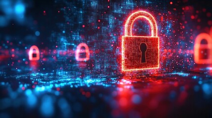 Futuristic Digital Lock with Glowing Particles in Cyberpunk Style and Neon Lighting
