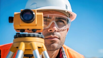 A medium closeup of a surveyors face focused and wearing safety goggles as he peers through a leveling instrument precise lines of sight visible against a vibrant blue sky.