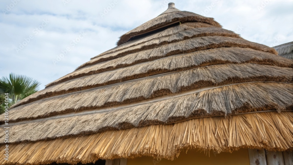 Poster a medium closeup of a thatched roof made from dried grasses revealing the layered arrangement and th
