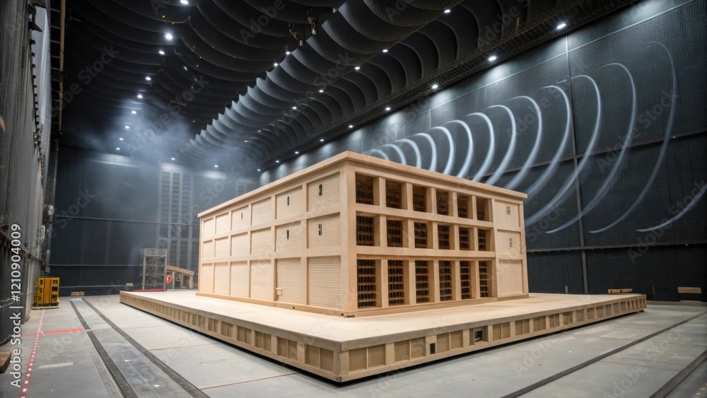 Aufkleber A medium closeup of a testing facility where a model building is p inside a wind tunnel with gusts of air visibly swirling around it demonstrating structural dynamics.