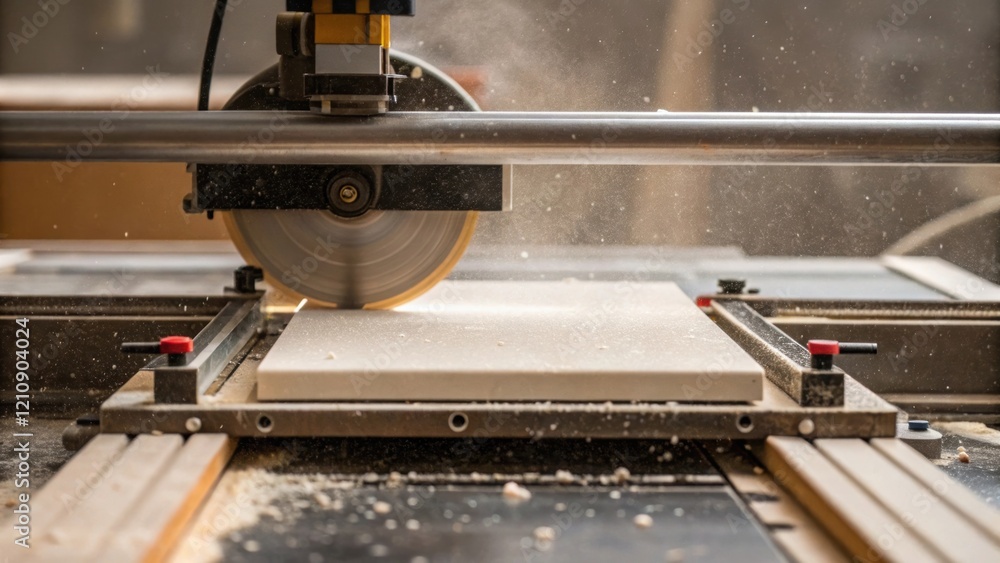 Poster A medium closeup of a tile ter in action with fine dust particles floating in the air as a worker carefully scores a ceramic tile displaying the fine blade and intricate mechanism