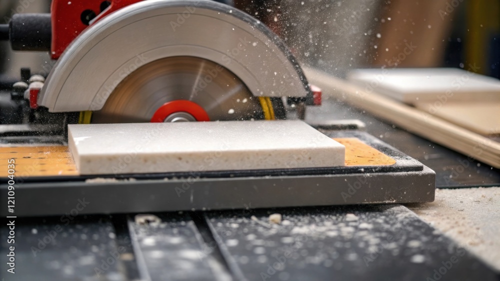 Aufkleber A medium closeup of a tile ter in action showcasing the blade scoring a rectangular tile with bits of tile dust flying off illustrating the tools of the trade in tile installation.