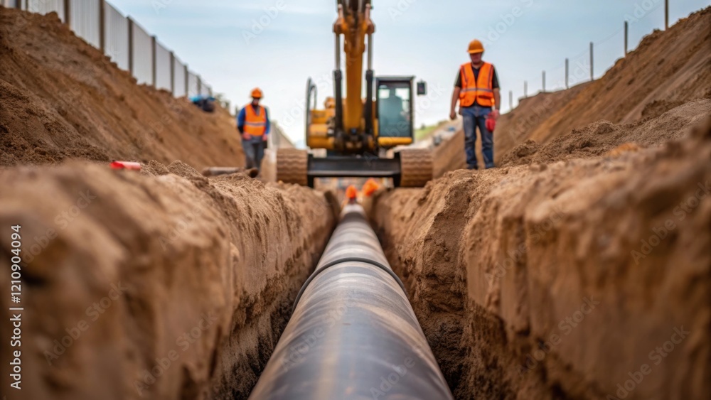Aufkleber A medium closeup of a trench being dug for pipe installation with heavy machinery in action and workers overseeing the process depicting the scale of infrastructure development.