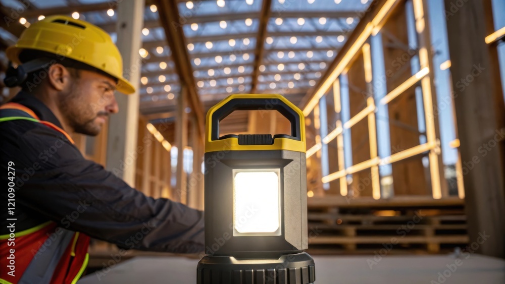 Poster A medium closeup of a worker adjusting a portable rechargeable light fixture highlighting the robust design and ergonomic handle. The background reveals a partially constructed