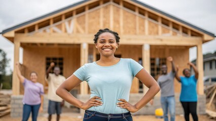 A medium closeup of a woman standing proudly in front of a newly built structure hands on her hips with a backdrop of neighbors celebrating the completion illustrating the pride in